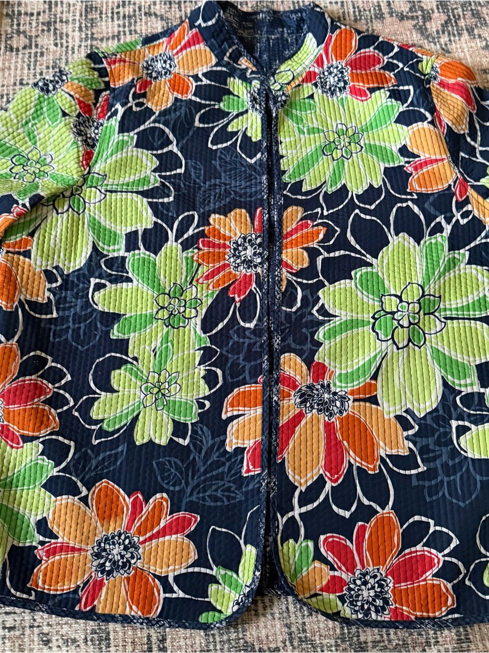 Alfred Dunner Navy Teddy Jacket with Green & Orange Floral Print